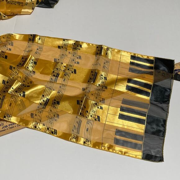 Black Gold Piano Keyboard Music Note Satin Stripe Scarf Sheer two, pair bundle - Picture 4 of 6